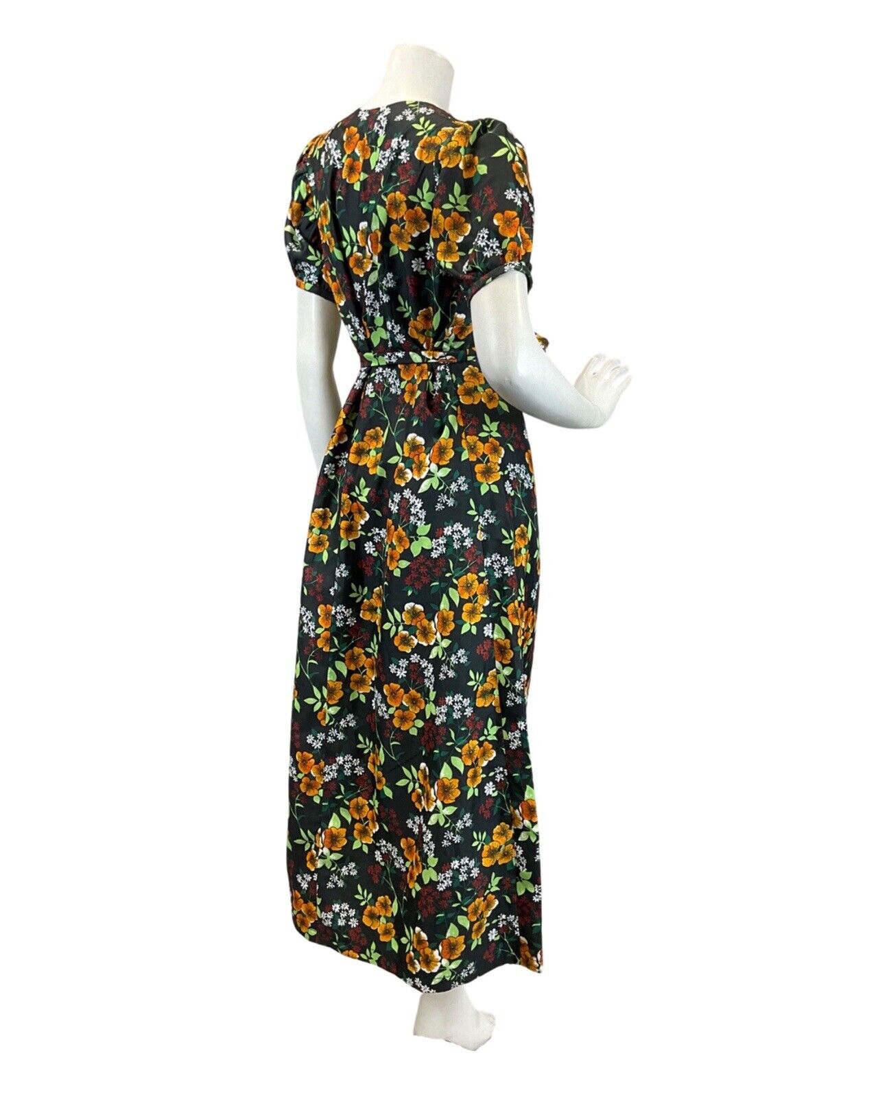 VTG 60s 70s BLACK ORANGE RED FLORAL PSYCHEDELIC PUFF SLEEVE MOD MAXI DRESS 8 10