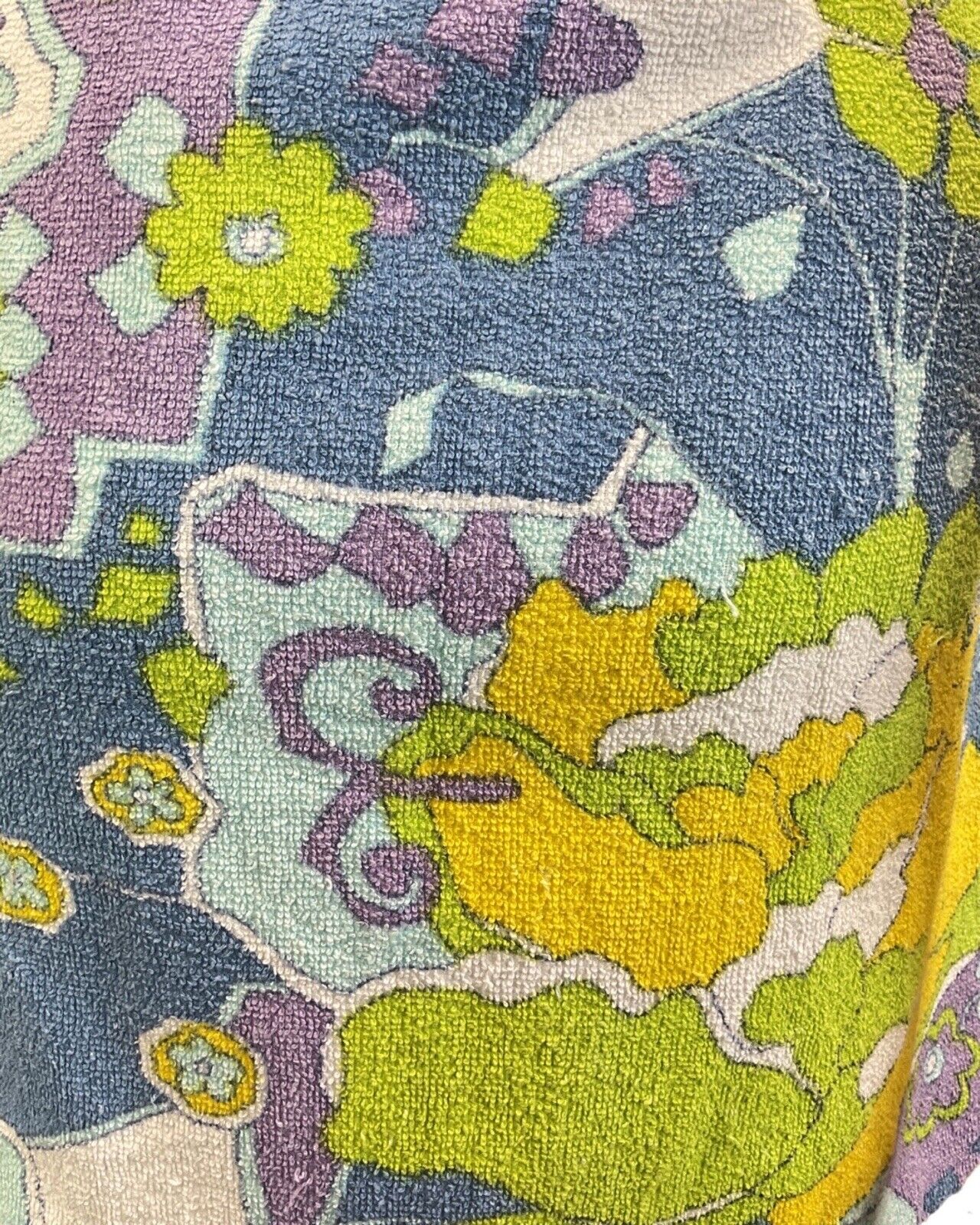 VINTAGE 60s 70s BLUE PURPLE GREEN PSYCHEDELIC FLORAL TERRY TOWEL BEACH DRESS 12