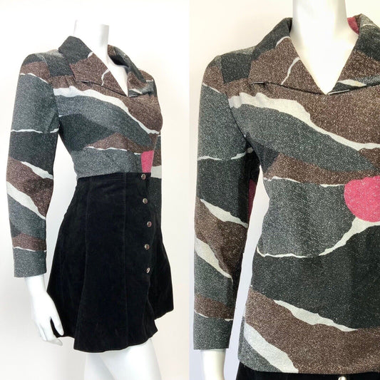 VINTAGE 60s 70s BLACK BROWN PINK ABSTRACT GLITTER LUREX SHIRT BLOUSE 14 16