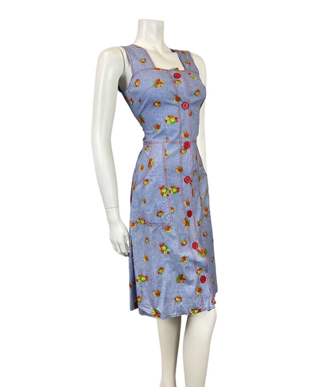 VINTAGE 60s 70s BLUE RED YELLOW FLOWER BOUQUET APRON PINAFORE DRESS 8