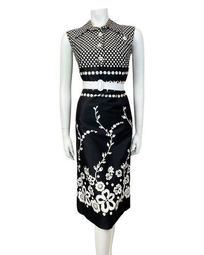 VINTAGE 60s 70s BLACK WHITE FLORAL DAISY MOD SLEEVELESS DAGGER SHIRT DRESS 10 12