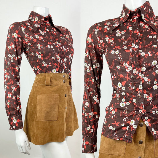 VTG 60s 70s BROWN WHITE ORANGE BOTANICAL FLORAL LEAFY BERRY DAGGER SHIRT 8 10