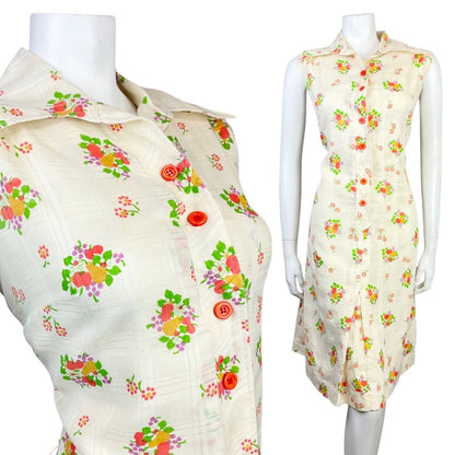 VINTAGE 60s 70s CREAM RED GREEN FLOWER APPLE PEAR MOD DAGGER SHIRT DRESS 14 16