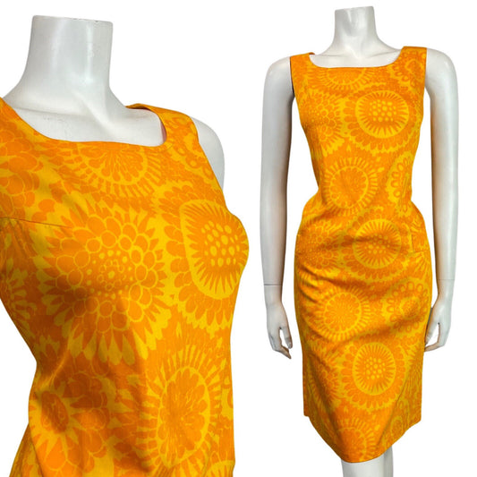 VINTAGE 60s 70s YELLOW ORANGE FLORAL SUNFLOWER SLEEVELESS SHIFT DRESS 10 12