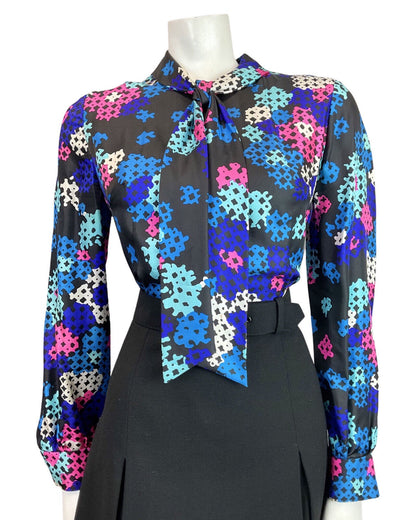 VINTAGE 60s 70s BLACK BLUE PINK GEOMETRIC BELTED PUSSYBOW SHIRT DRESS 12 14