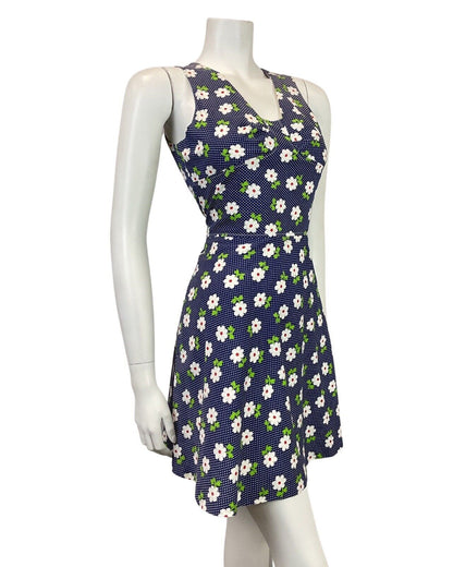 VINTAGE 60s 70s BLUE WHITE RED POLKA-DOT DAISY FLOWER SUMMER SWING DRESS 8 10