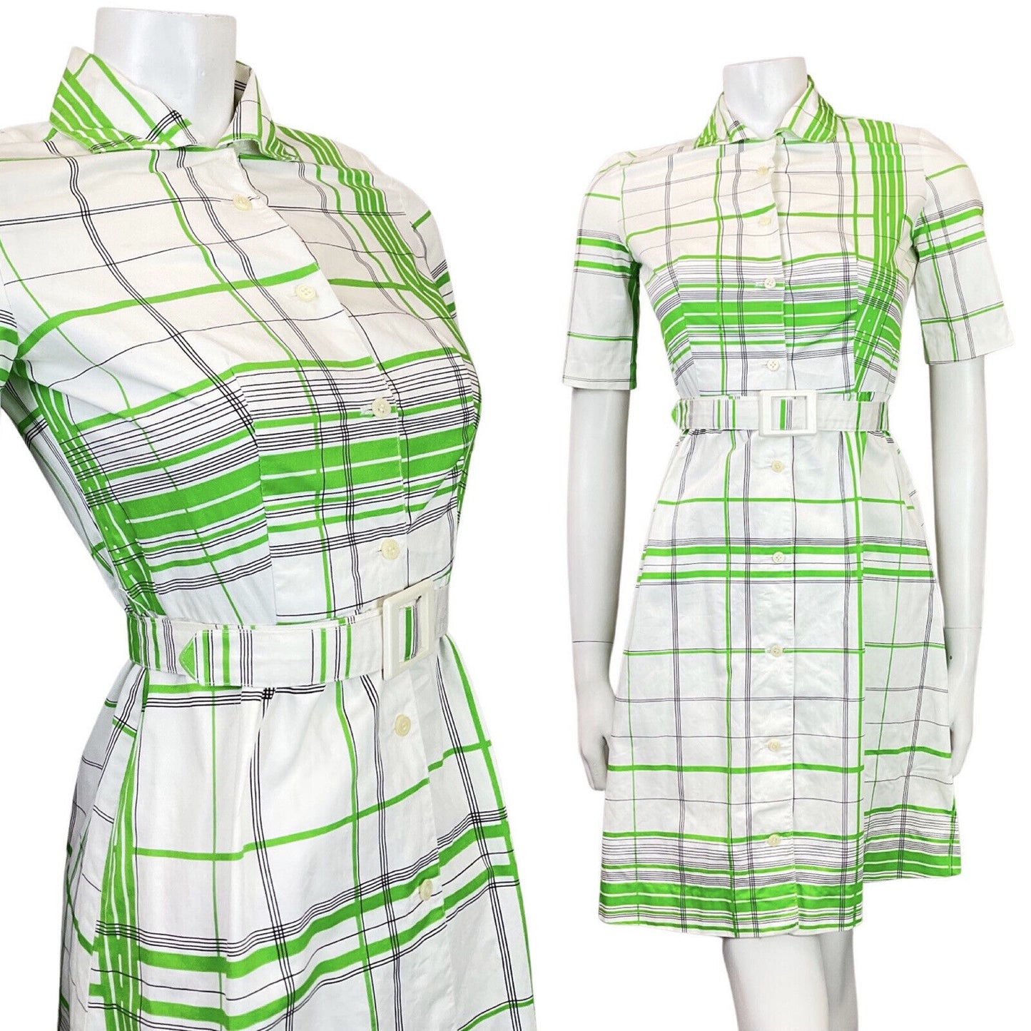 VINTAGE 60s 70s WHITE GREEN BLACK CHECKED GRID BELTED SHIRT DRESS 6 8