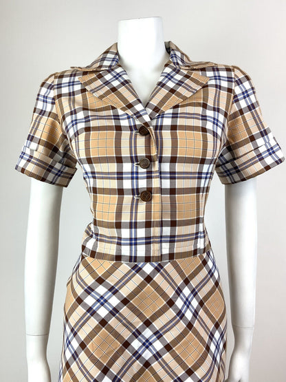 VINTAGE 60s 70s BROWN CREAM WHITE TARTAN PLAID CHECKED MOD SHIRT DRESS 10 12