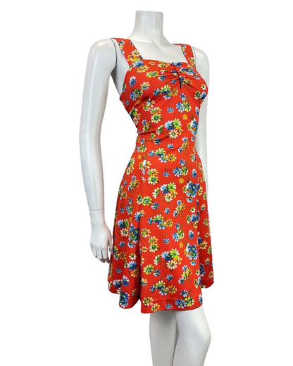 VINTAGE 60s 70s RED BLUE GREEN FLORAL APRON SUMMER SUN DRESS 8