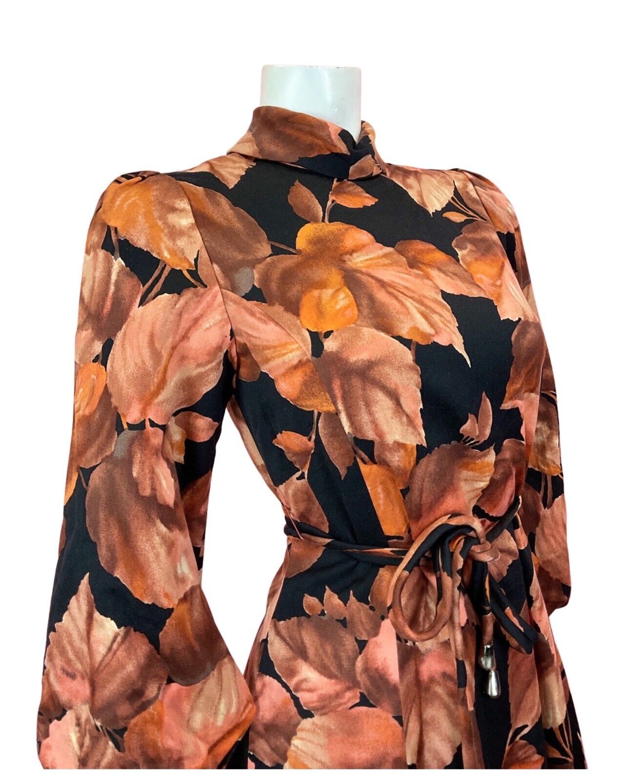 VTG 60s 70s ORANGE BROWN BLACK LEAFY TURTLENECK BISHOP SLEEVE SWING DRESS 8