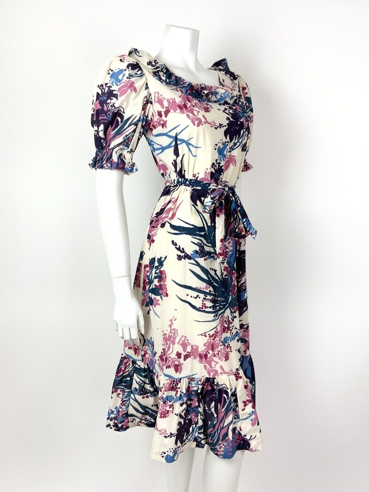 VINTAGE 60s 70s CREAM PURPLE BLUE FLORAL LEAFY RUFFLED BELTED DRESS 8 10