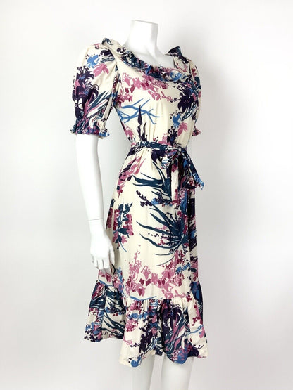VINTAGE 60s 70s CREAM PURPLE BLUE FLORAL LEAFY RUFFLED BELTED DRESS 8 10