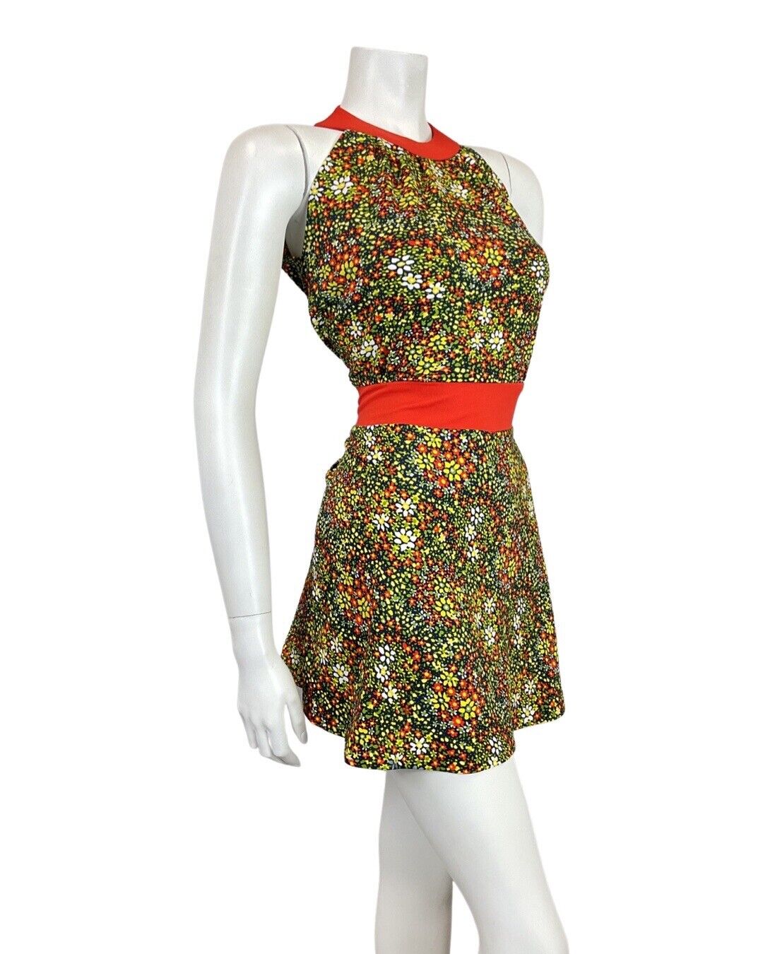VINTAGE 60s 70s GREEN BLUE RED PSYCHEDELIC DITSY FLORAL HALTER MOD DRESS 12