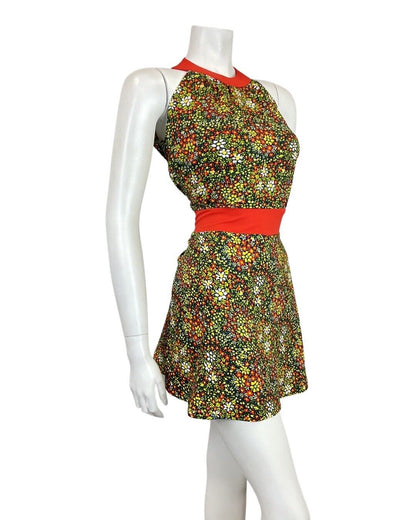 VINTAGE 60s 70s GREEN BLUE RED PSYCHEDELIC DITSY FLORAL HALTER MOD DRESS 12