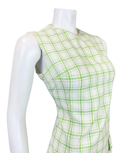 VINTAGE 60s 70s WHITE GREEN GRID CHECKED MOD SLEEVELESS SHIFT DRESS 10 12
