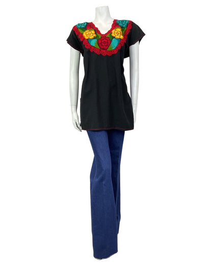VINTAGE 60s 70s BLACK RED YELLOW FLORAL EMBROIDERED BOHO FOLK BLOUSE 16 18