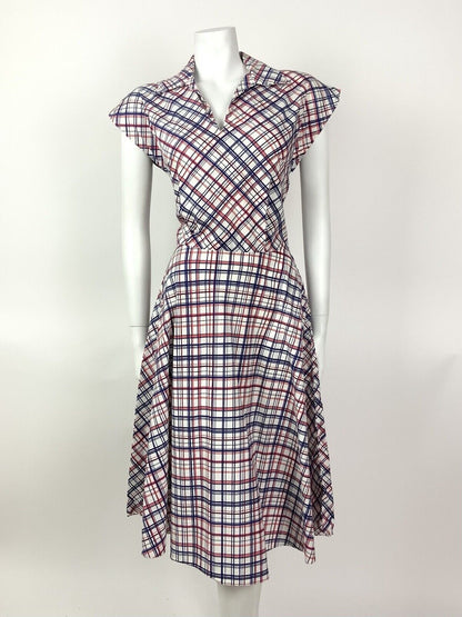 VINTAGE 60s 70s WHITE BLUE RED GRID CHECKED MOD WING SHIRT DRESS 10 12