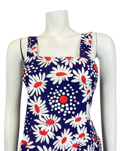 VINTAGE 60s 70s BLUE WHITE RED DAISY FLOWER DOTTY SUMMER APRON DRESS 10