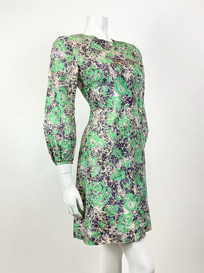 VINTAGE 60s STYLE 90s GREEN PURPLE CREAM PSYCHEDELIC FLORAL ROSE MOD DRESS 8 10
