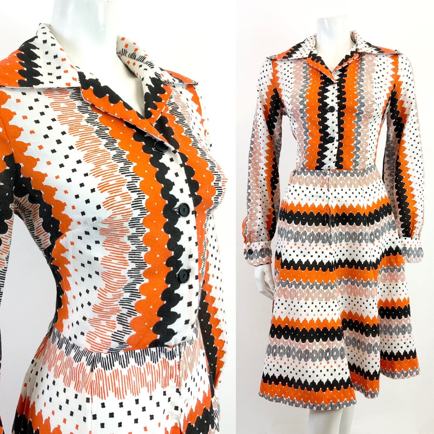 VINTAGE 60s 70s WHITE BLACK ORANGE STRIPED GEOMETRIC MOD DAGGER SHIRT DRESS 10