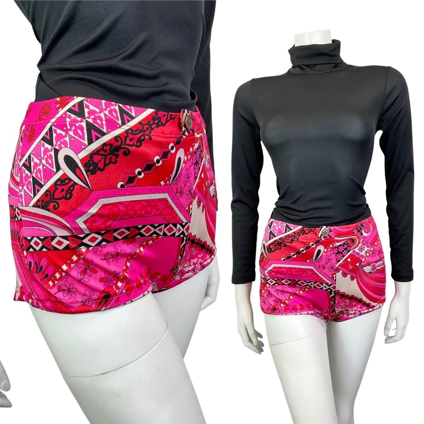 VINTAGE 60s 70s PINK RED BLACK PSYCHEDELIC FLORAL HIGH-WAISTED SWIM SHORTS 16