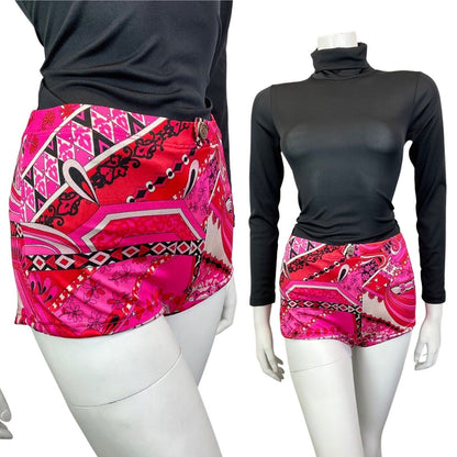 VINTAGE 60s 70s PINK RED BLACK PSYCHEDELIC FLORAL HIGH-WAISTED SWIM SHORTS 16