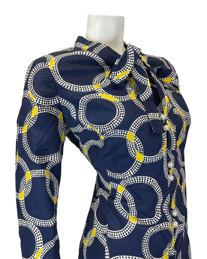VINTAGE 60s 70s BLACK WHITE YELLOW CIRCLE GEOMETRIC MOD BOW SHORT DRESS 14 16