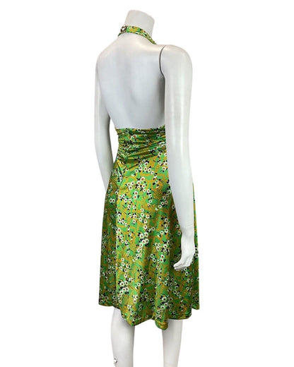 VINTAGE 60s 70s GREEN YELLOW BLUE FLORAL HAWAIIAN HALTER SUMMER SWING DRESS 8 10