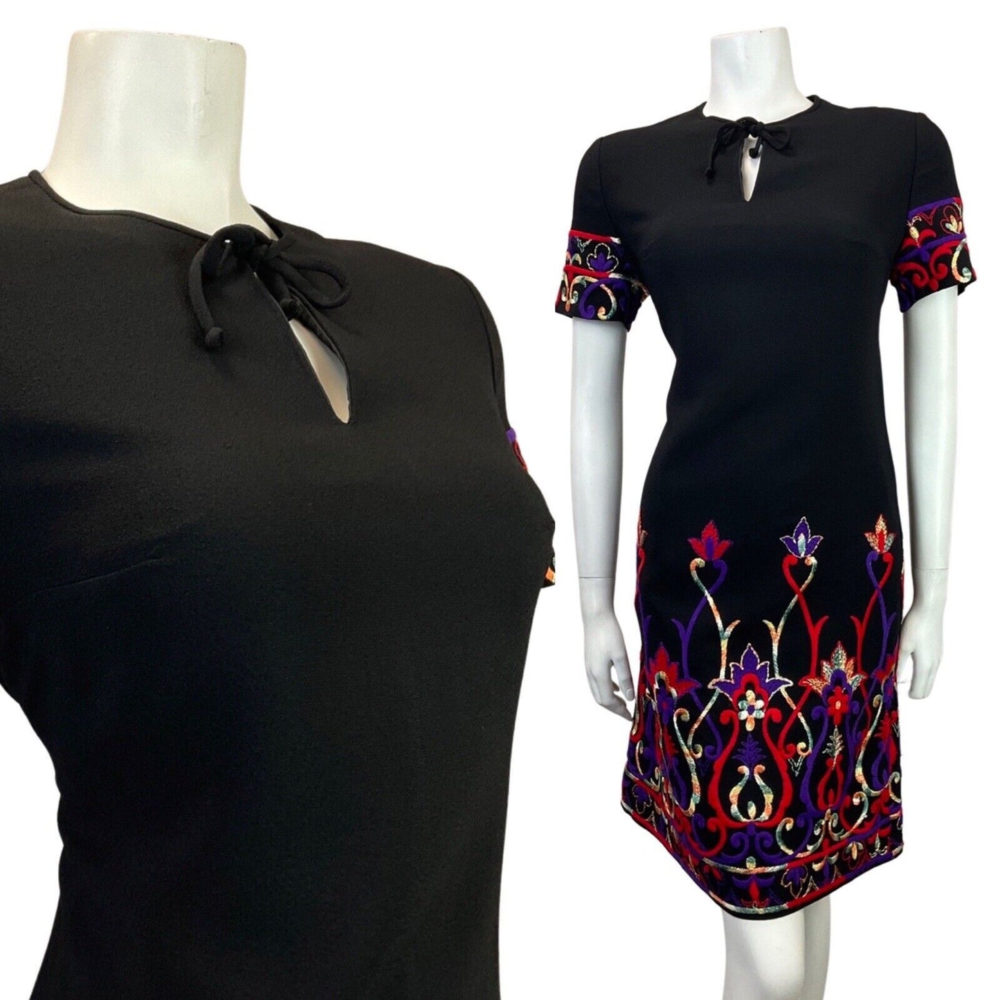 VINTAGE 60s 70s BLACK RED PURPLE GOLD EMBROIDERED FLORAL SWIRL MOD DRESS 12 14