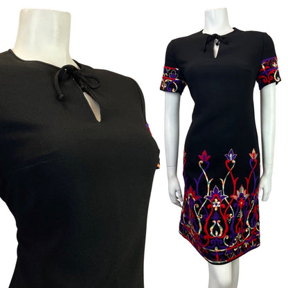 VINTAGE 60s 70s BLACK RED PURPLE GOLD EMBROIDERED FLORAL SWIRL MOD DRESS 12 14
