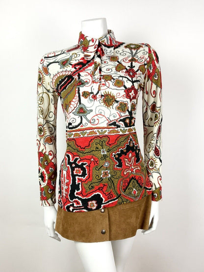 VINTAGE 60s 70s WHITE GOLD RED BLACK PSYCHEDELIC FLORAL DOG-EAR COLLAR BLOUSE 12
