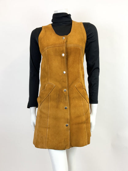 VTG 60s 70s BROWN SUEDE LEATHER SCALLOPED BOHO MOD PINAFORE PINNY DRESS 8 10