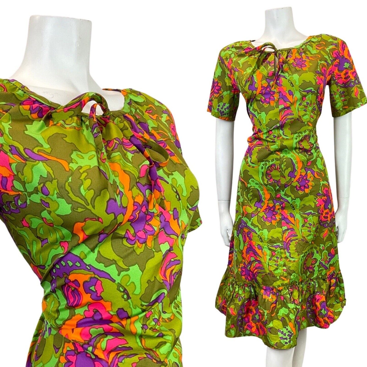 VINTAGE 60s 70s GREEN PURPLE ORANGE PSYCHEDELIC FLORAL SUMMER DRESS 12