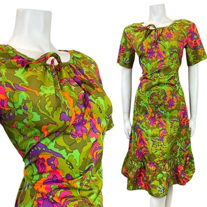 VINTAGE 60s 70s GREEN PURPLE ORANGE PSYCHEDELIC FLORAL SUMMER DRESS 12