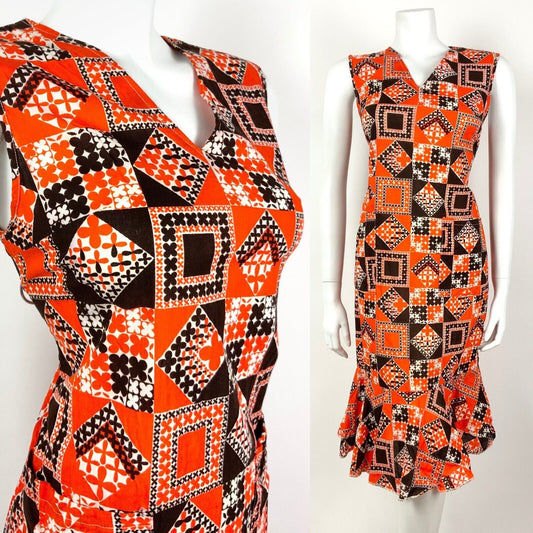 VINTAGE 60s 70s ORANGE BROWN FLORAL DAISY GEOMETRIC PATCHWORK DRESS 12