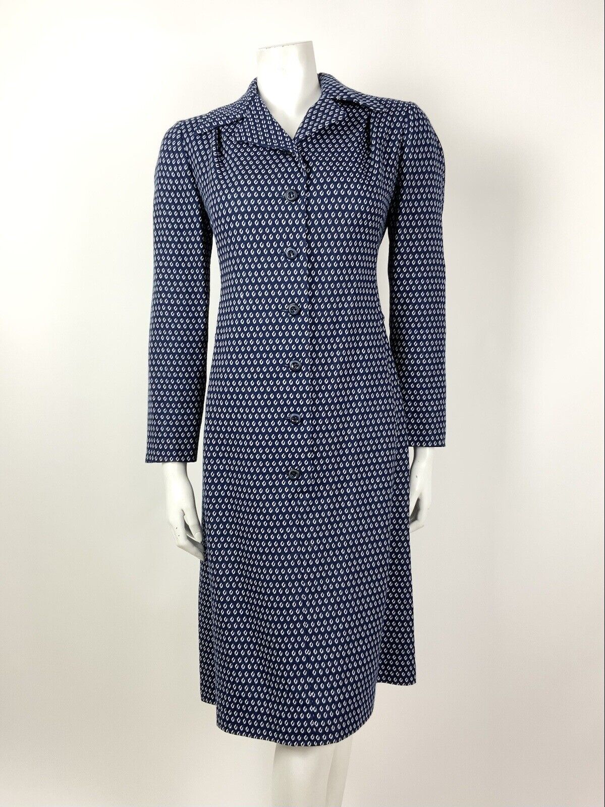 VINTAGE 60s 70s NAVY BLUE WHITE POLKA-DOT DAGGER COLLAR SHIRT DRESS 16