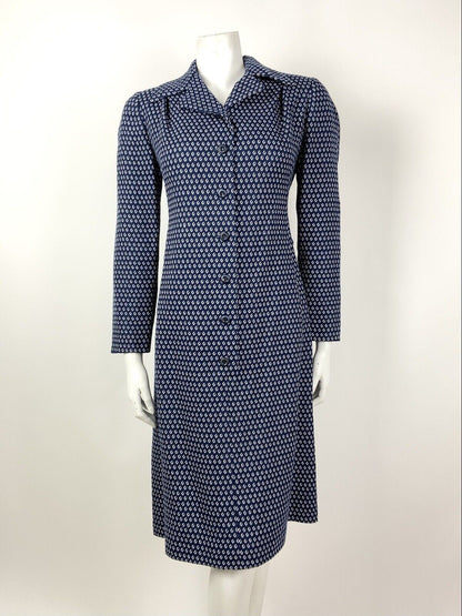 VINTAGE 60s 70s NAVY BLUE WHITE POLKA-DOT DAGGER COLLAR SHIRT DRESS 16