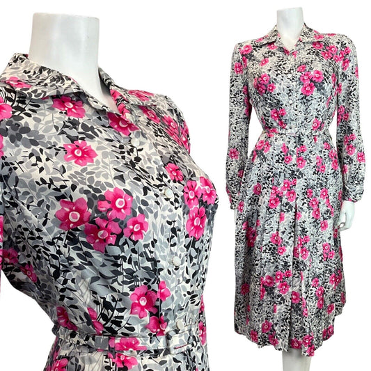 VINTAGE 60s 70s SILVER GREY PINK LEAFY FLORAL BELTED SWING SHIRT DRESS 12 14
