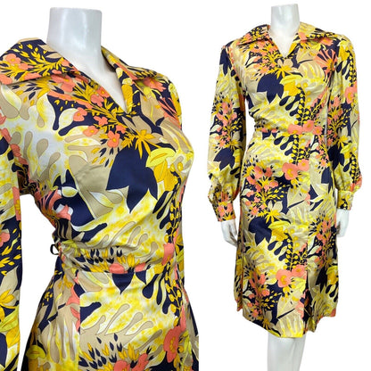 VINTAGE 60s 70s YELLOW BLUE BEIGE PSYCHEDELIC FLORAL PALM LEAF SHIRT DRESS 16