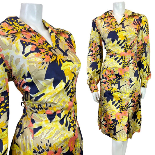 VINTAGE 60s 70s YELLOW BLUE BEIGE PSYCHEDELIC FLORAL PALM LEAF SHIRT DRESS 16