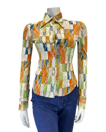 VINTAGE 60s 70s WHITE GREEN ORANGE GEOMETRIC CHECKED MOD DAGGER SHIRT 6 8