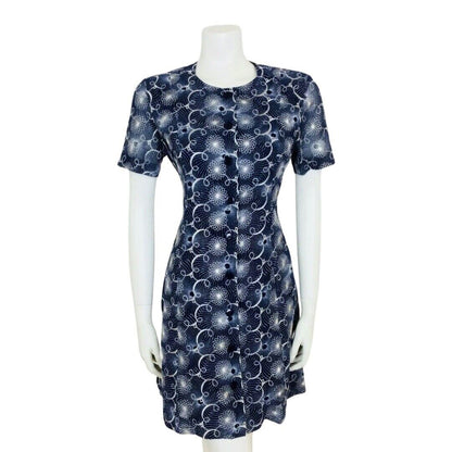 VINTAGE 1960S NAVY BLUE WHITE EMBROIDERED FLORAL SPIROGRAPH DRESS 10 12