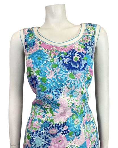 VINTAGE 60s 70s BLUE PINK WHITE FLORAL BOTANICAL SLEEVELESS SUMMER DRESS 14