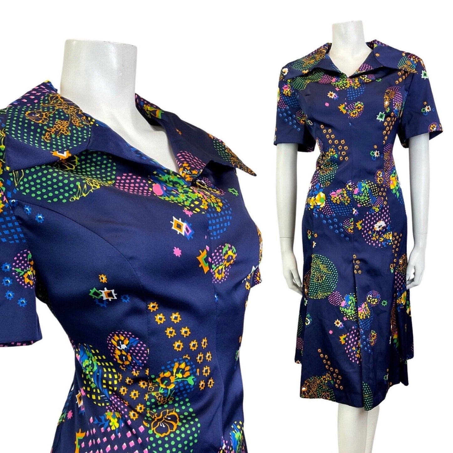 VINTAGE 60s 70s BLUE YELLOW PINK GEOMETRIC DOTTY FLORAL WING SHIRT DRESS 14 16