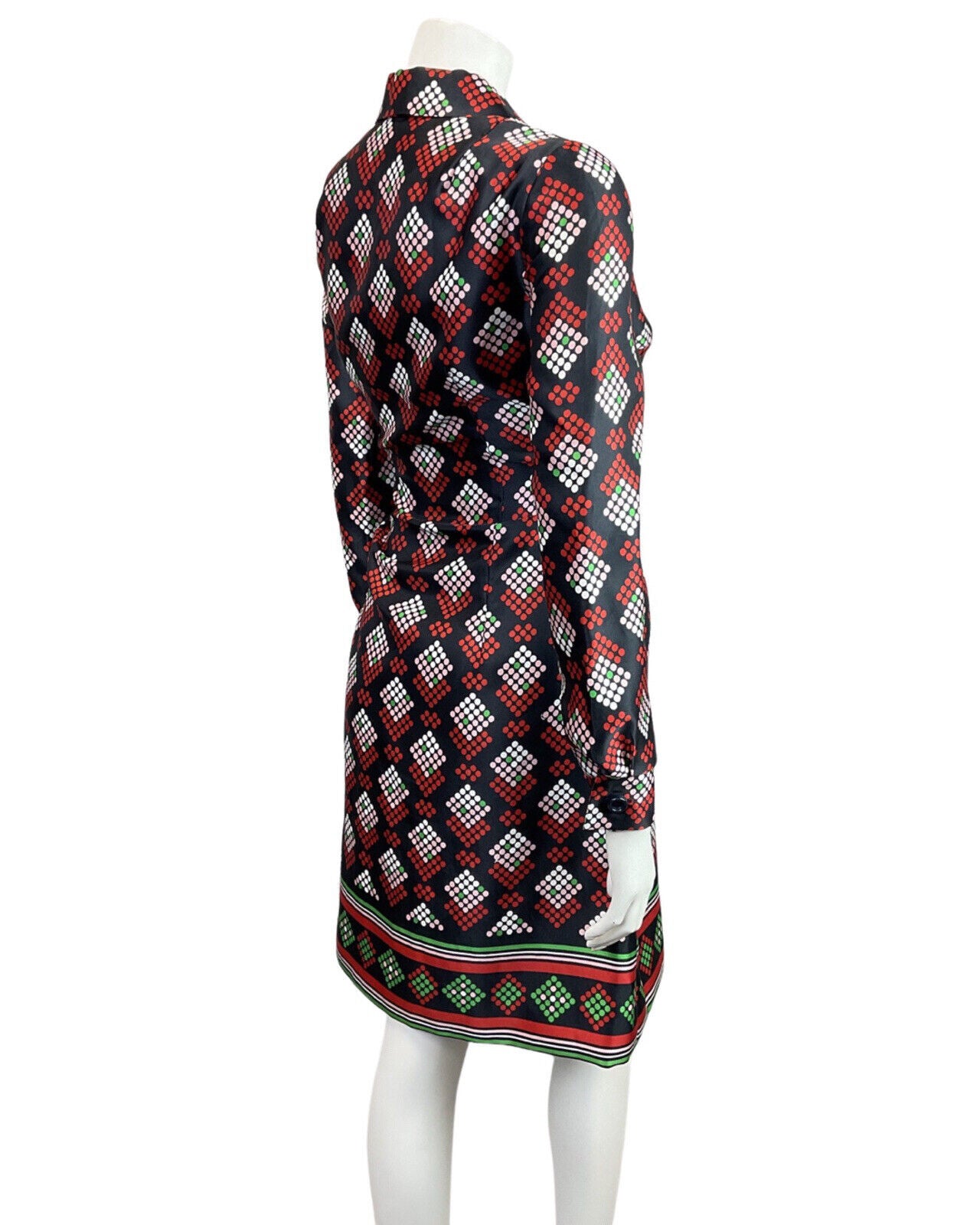 VINTAGE 60s 70s BLACK RED GREEN DOTTY GEOMETRIC DAGGER COLLAR SHIRT DRESS 12