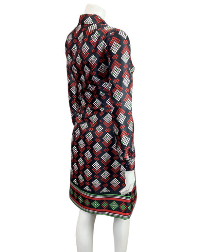 VINTAGE 60s 70s BLACK RED GREEN DOTTY GEOMETRIC DAGGER COLLAR SHIRT DRESS 12