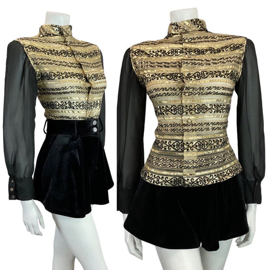 VINTAGE 60s 70s BLACK GOLD STRIPED SWIRL SHEER PARTY STUDIO 54 BLOUSE 8 10