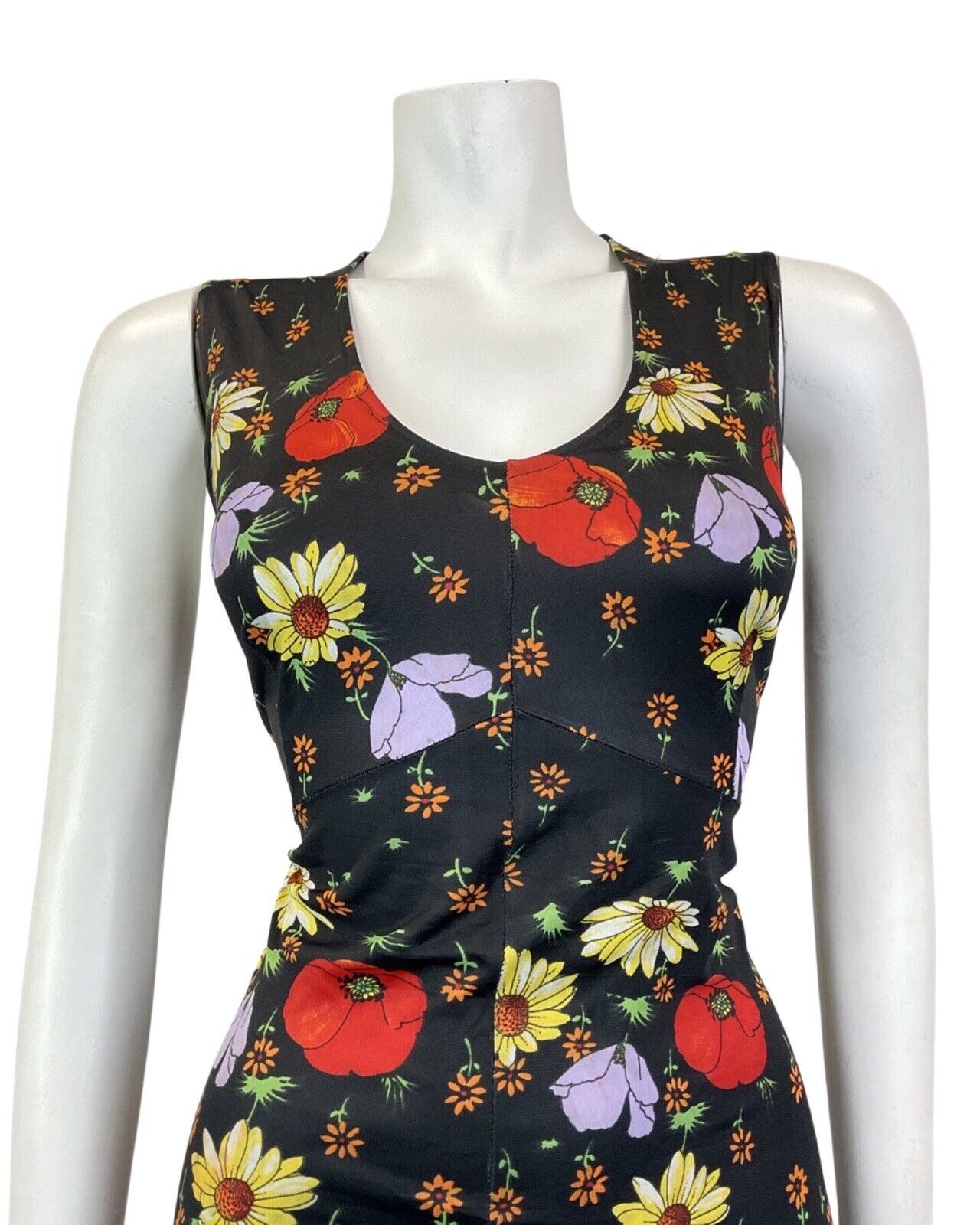 VINTAGE 60s 70s BLACK RED YELLOW FLORAL POPPY SLEEVELESS SUMMER DRESS 10 12