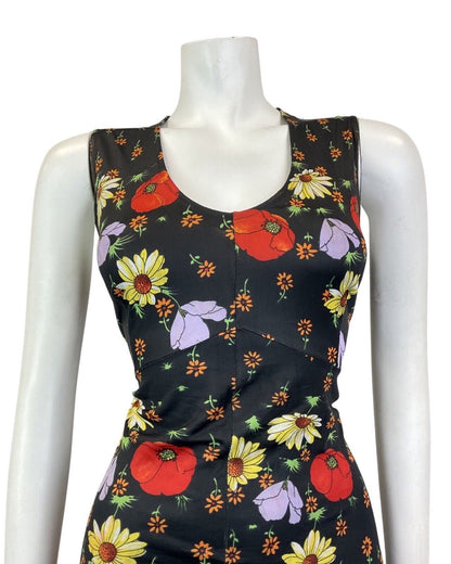 VINTAGE 60s 70s BLACK RED YELLOW FLORAL POPPY SLEEVELESS SUMMER DRESS 10 12
