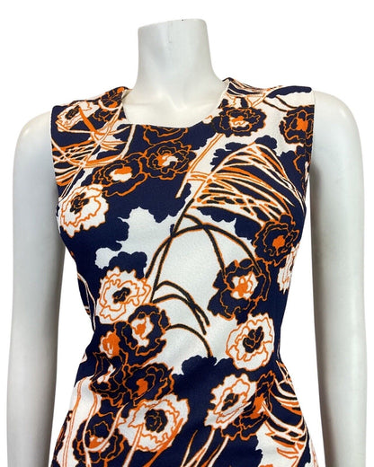 VINTAGE 60s 70s BLUE WHITE ORANGE PSYCHEDELIC FLORAL MOD SLEEVELESS DRESS 10